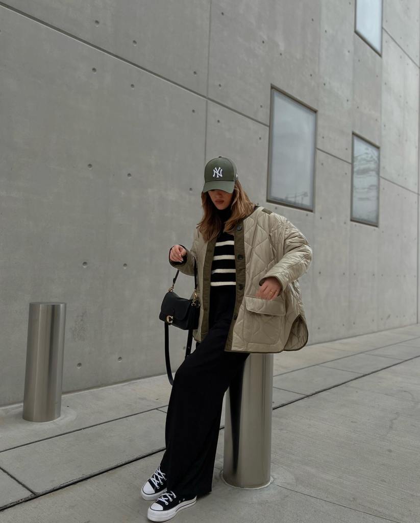Quilted Jacket With Striped Top And Black Pants — Aesthetic Black Sweatpants Outfit
