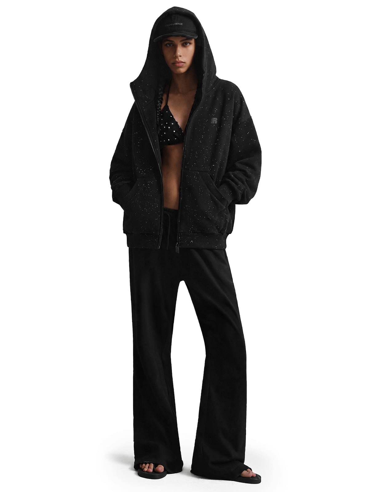 Velour Set With Glitter Hoodie, Wide-Leg — Aesthetic Black Sweatpants Outfit
