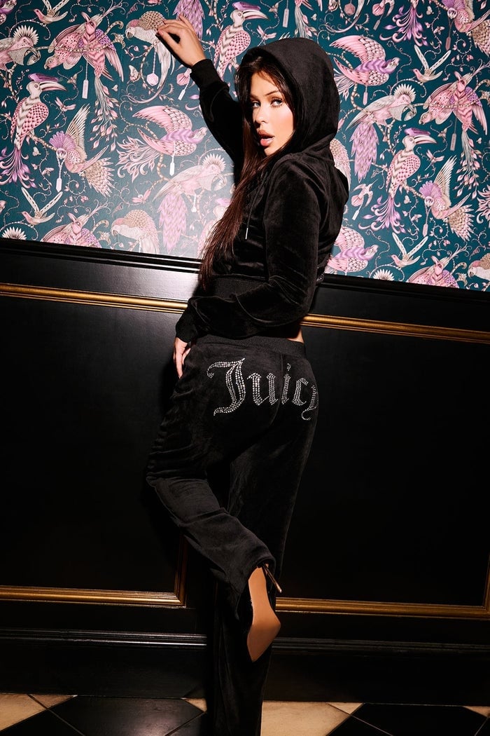 Velour Sweatpants With Rhinestone Logo Detail — Aesthetic Black Sweatpants Outfit