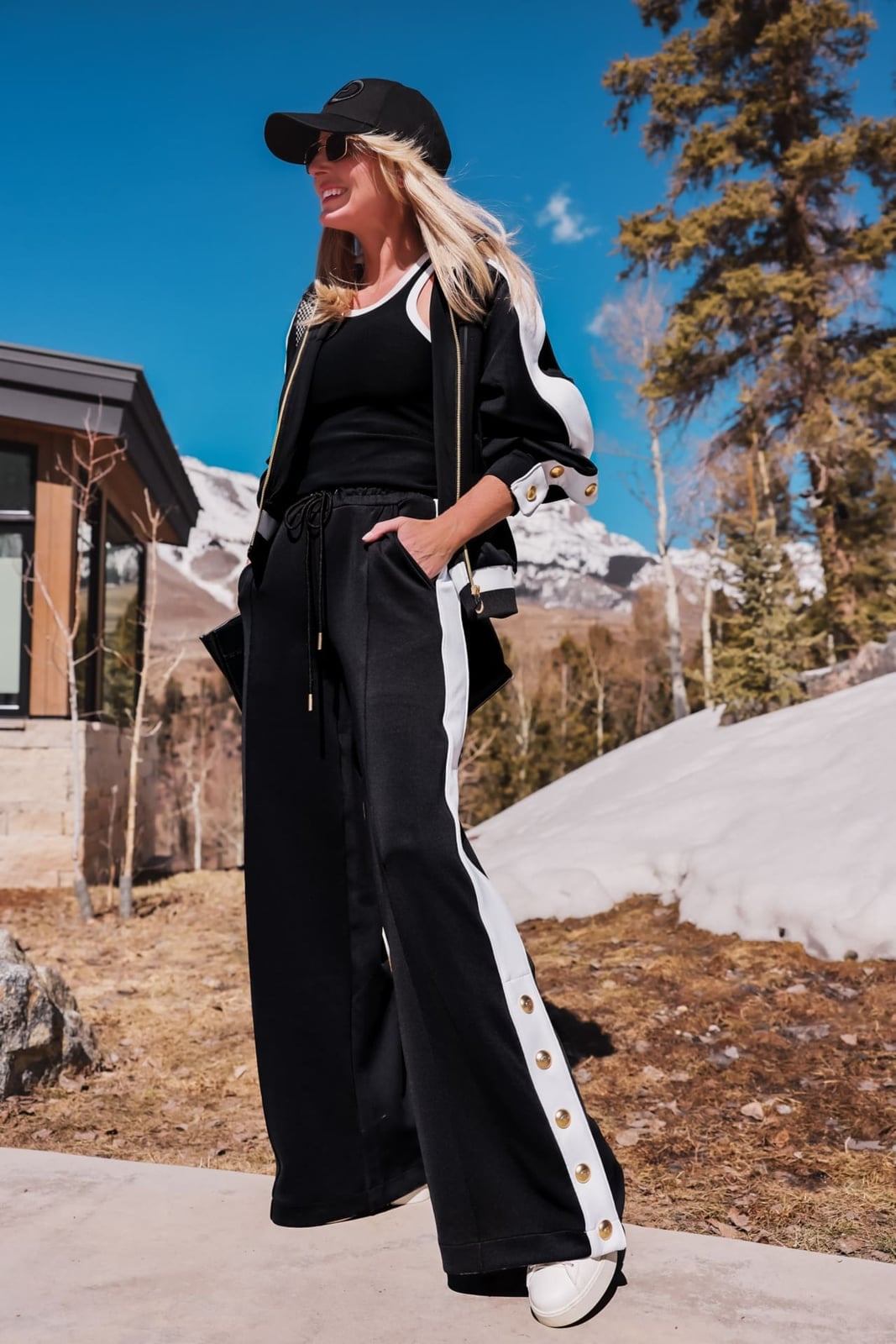 Snap Button Detail Pants With Black Jacket — Aesthetic Black Sweatpants Outfit