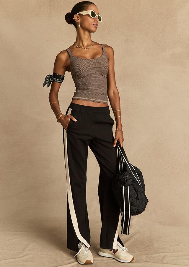 Patterned Tank Top With Striped Track Pants — Aesthetic Black Sweatpants Outfit