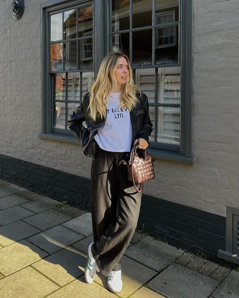 Leather Jacket With White Tee And Black Trousers — Aesthetic Black Sweatpants Outfit