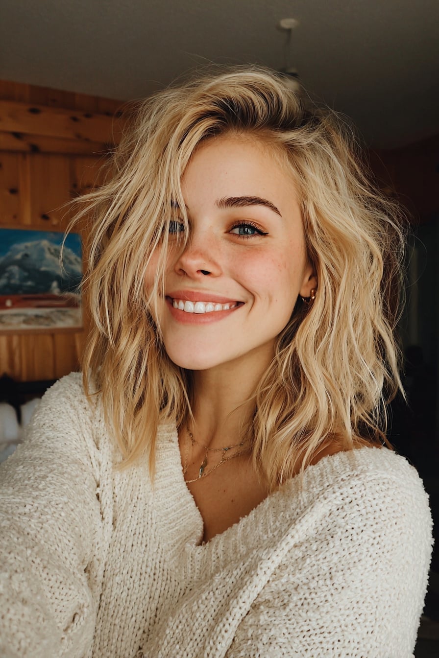 Collarbone Ash Blonde Lob With Wispy Bangs Collarbone Ash Blonde Lob With Wispy Bangs — Aesthetic Blonde Hair