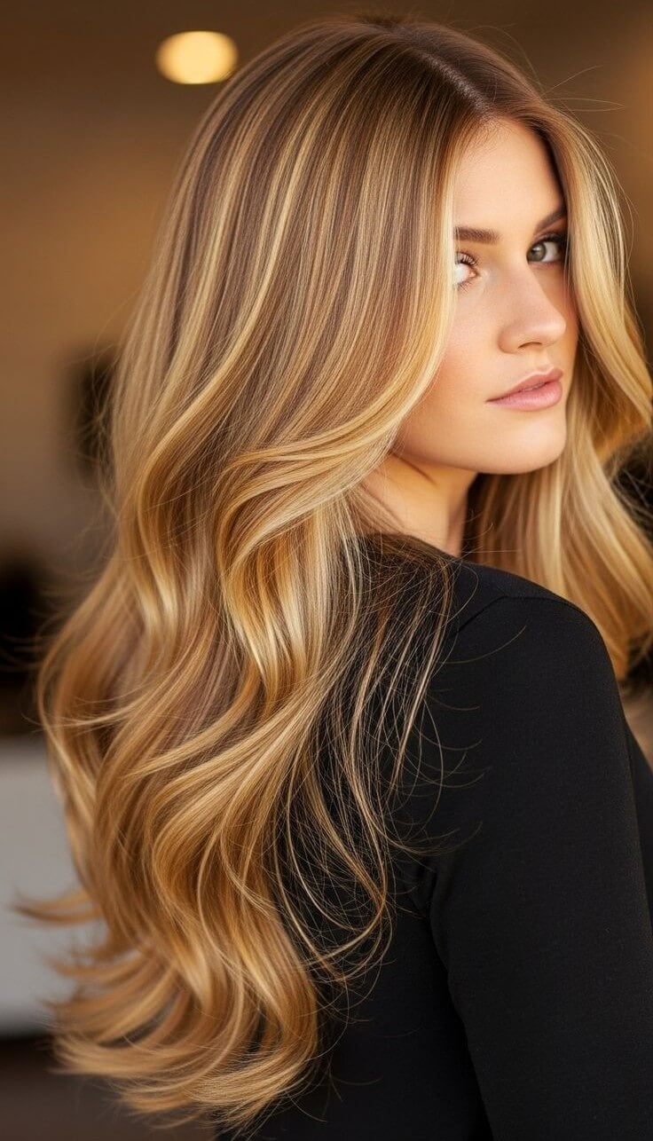 Mid-Back Honey Blonde With Balayage and Loose Waves Mid-Back Honey Blonde With Balayage and Loose Waves — Aesthetic Blonde Hair