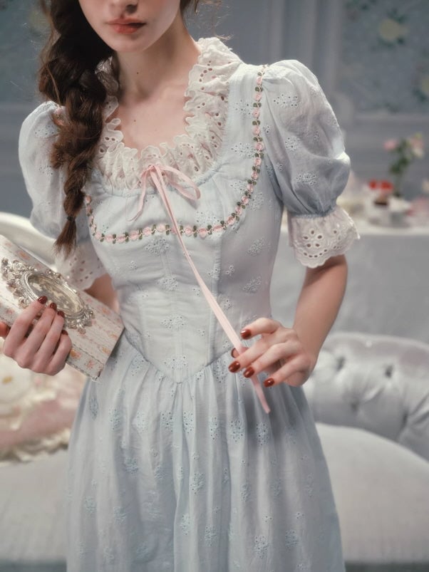 Pale Blue Lace Puff Sleeve Dress — Aesthetic Blue Dress Outfit