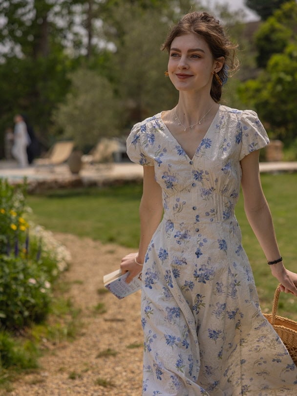 Blue Floral Cotton Dress with Puff Sleeves — Aesthetic Blue Dress Outfit