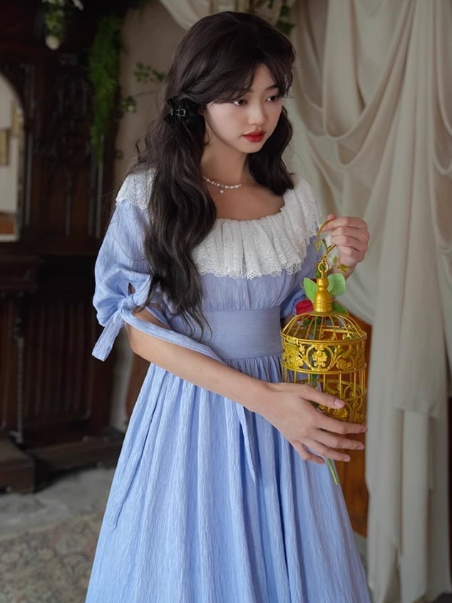 Light Blue Maxi Dress with Lace Collar — Aesthetic Blue Dress Outfit