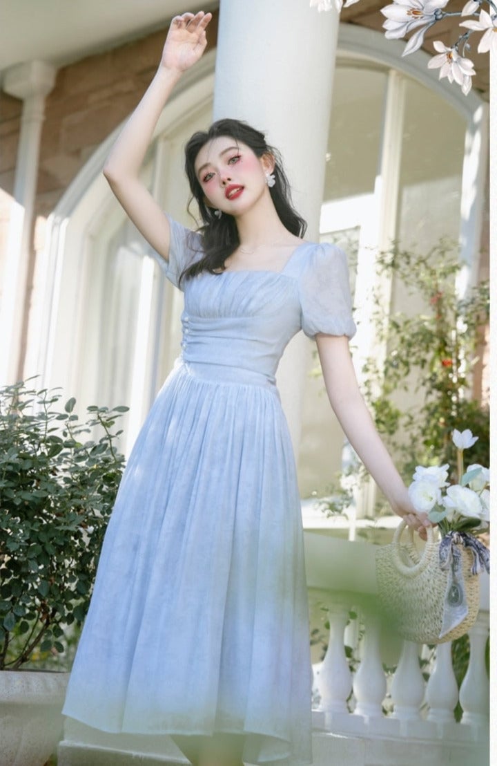Light Blue Midi Dress with Sheer Puff Sleeves — Aesthetic Blue Dress Outfit
