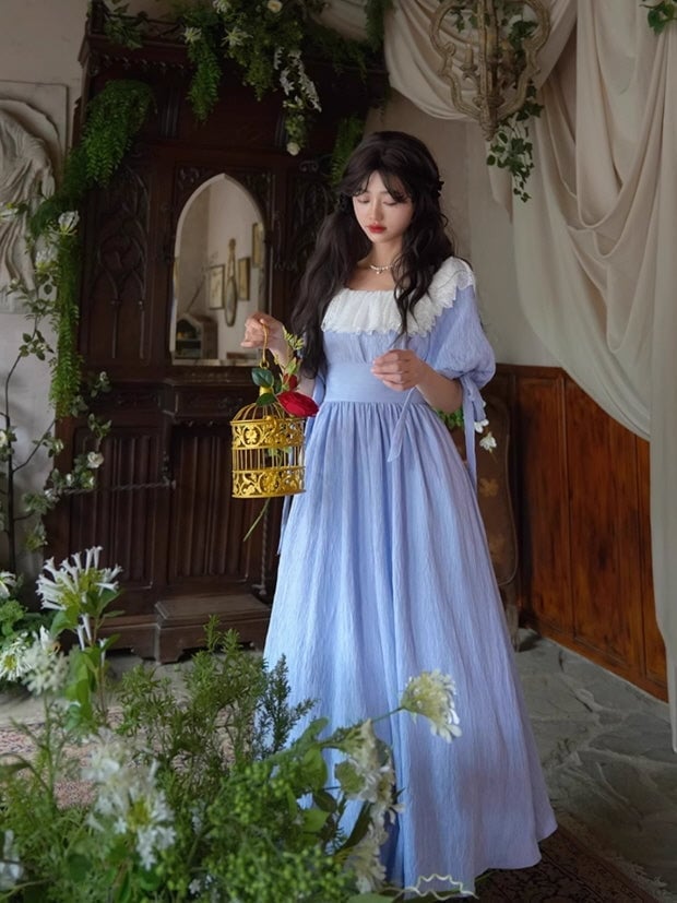 Light Blue Maxi Dress with Vintage Lace Collar, A-Line — Aesthetic Blue Dress Outfit