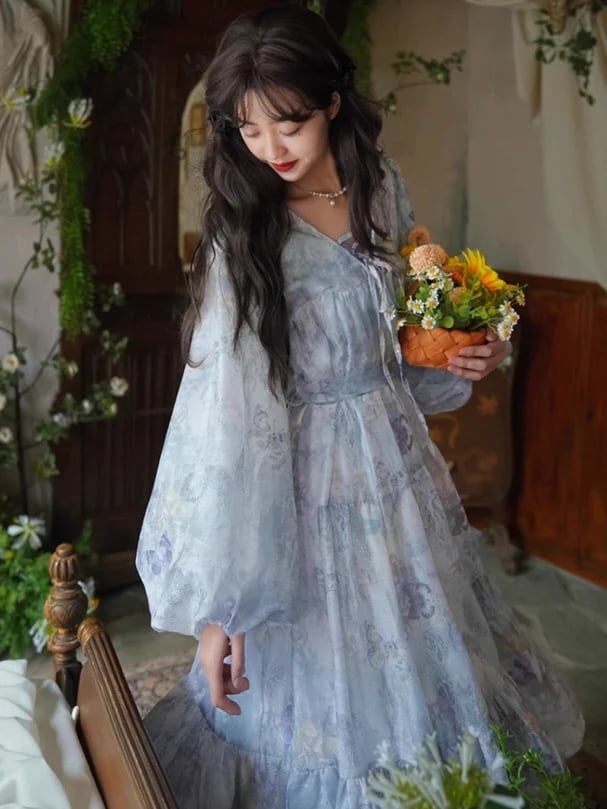 Blue Linen Butterfly Fairycore Midi Dress — Aesthetic Blue Dress Outfit
