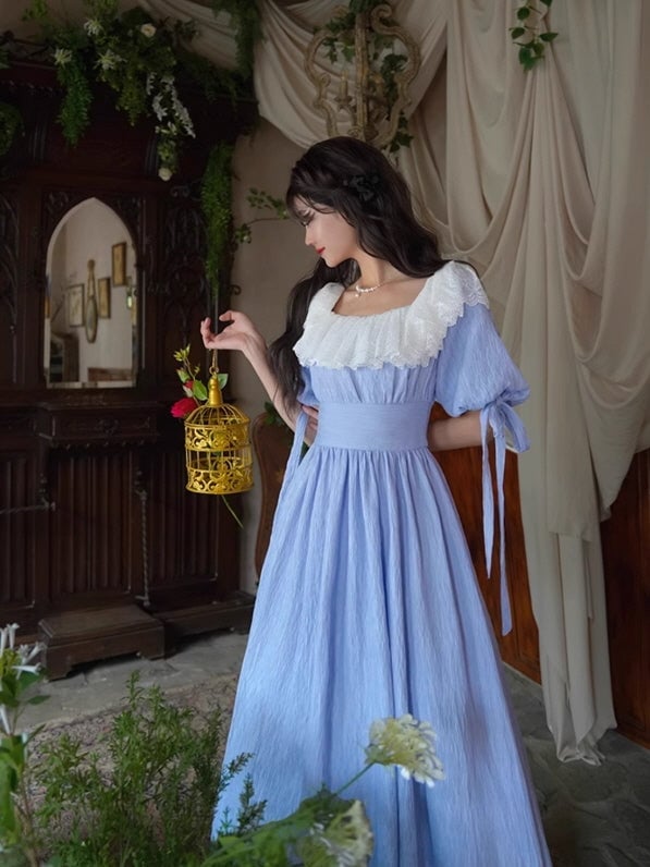 Light Blue Puff Sleeve Dress with Lace Collar — Aesthetic Blue Dress Outfit