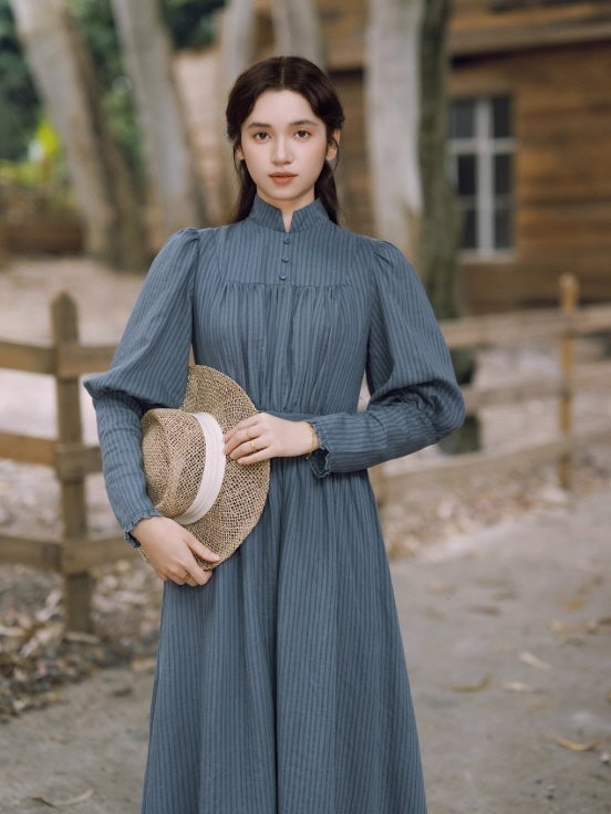 Muted Blue Pinstripe Prairie Dress — Aesthetic Blue Dress Outfit