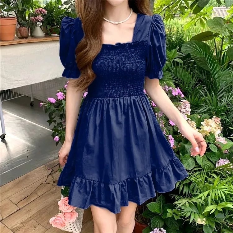 Dark Blue Puff Sleeve Mini Dress with Smocked Bodice — Aesthetic Blue Dress Outfit