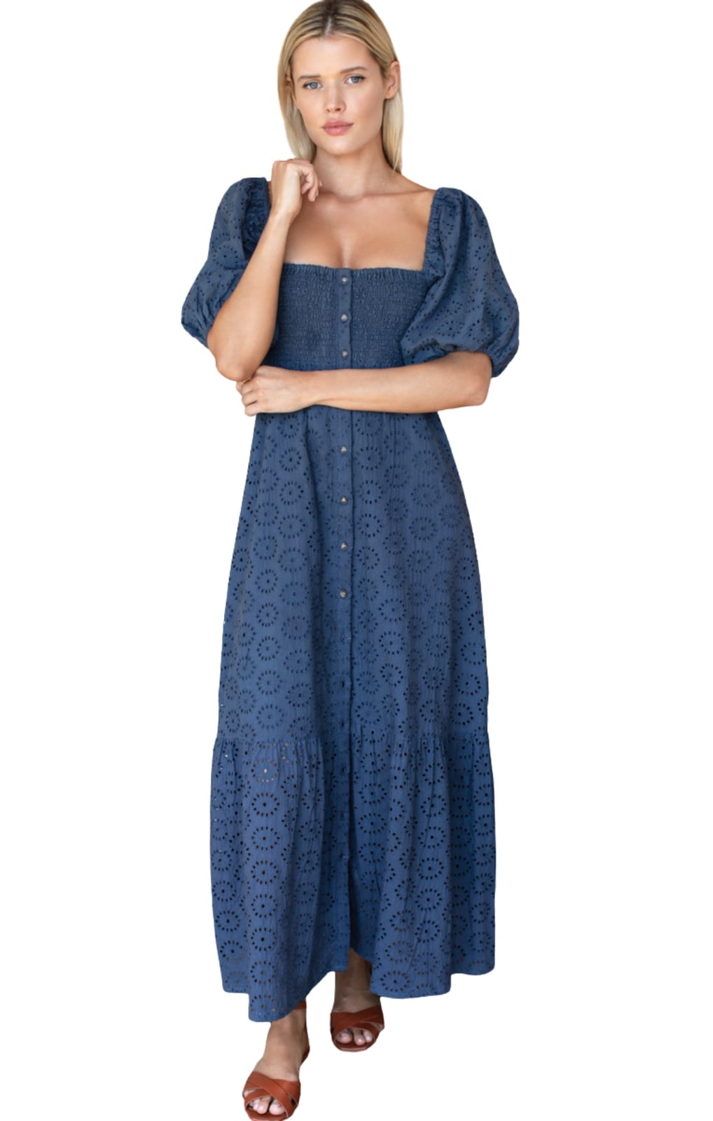 Medium Blue Eyelet Puff Sleeve Midi Dress — Aesthetic Blue Dress Outfit