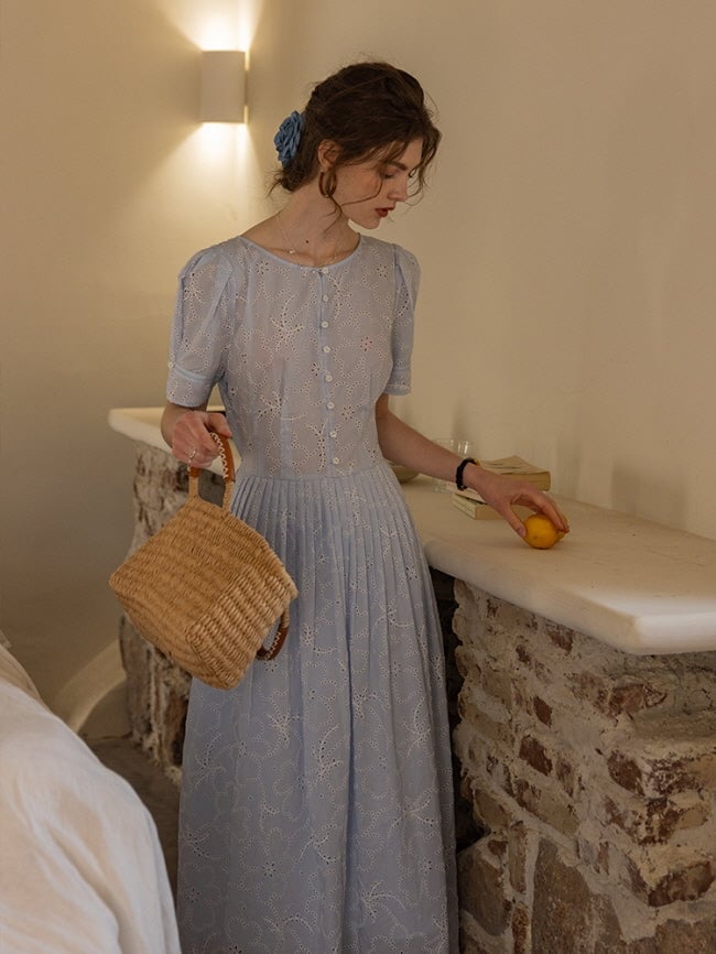 Light Blue Eyelet Lace Floral Embroidery Midi Dress — Aesthetic Blue Dress Outfit