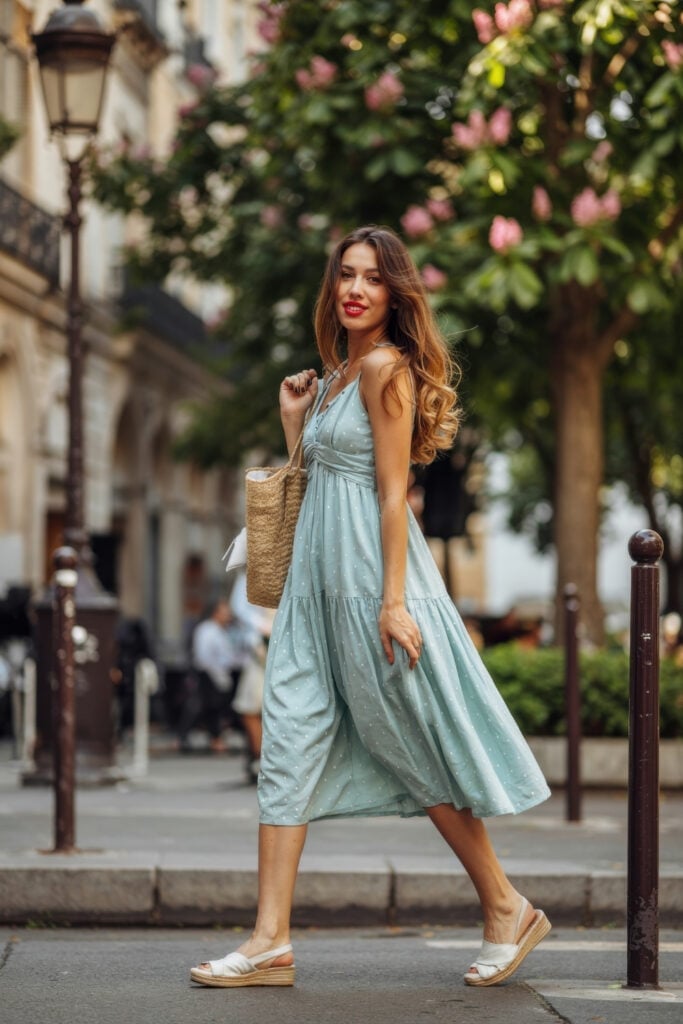 Mint Blue Polka Dot Tiered Midi Dress — Aesthetic Blue Dress Outfit