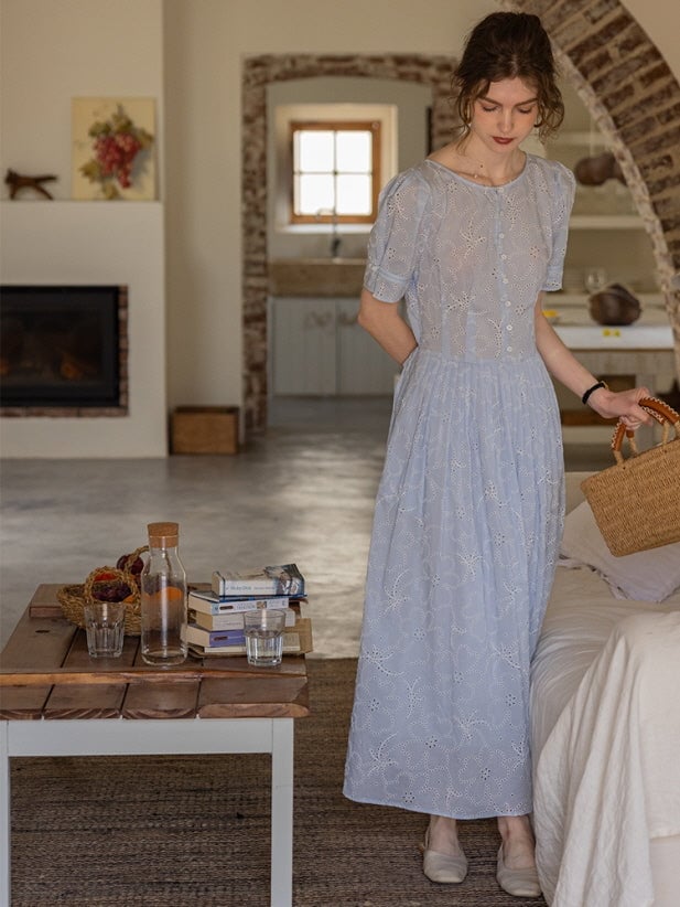 Light Blue Eyelet Lace A-Line Dress — Aesthetic Blue Dress Outfit