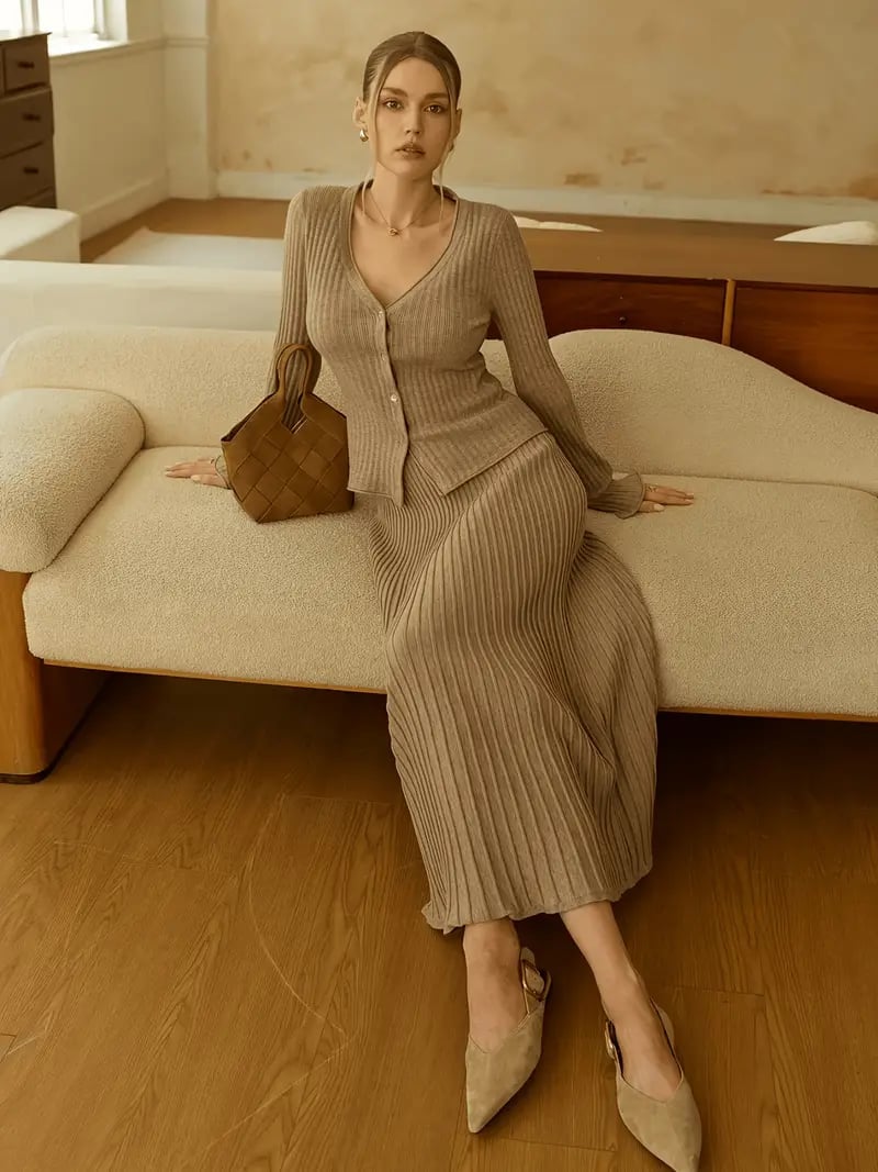 Beige Ribbed Knit Button-Up Cardigan with Matching Midi Skirt Beige Ribbed Knit Button-Up Cardigan with Matching Midi Skirt — Aesthetic Brown Cardigan Outfit