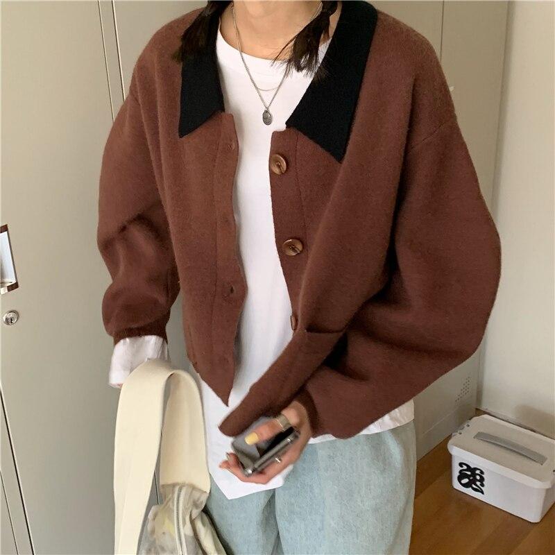 Brown Knit Cardigan with Black Collar Over White Layers Brown Knit Cardigan with Black Collar Over White Layers — Aesthetic Brown Cardigan Outfit