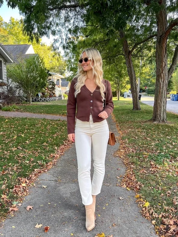 Brown Button-Up Cardigan with Cream Top and White, Office-Safe Version Brown Button-Up Cardigan with Cream Top and White, Office-Safe Version — Aesthetic Brown Cardigan Outfit