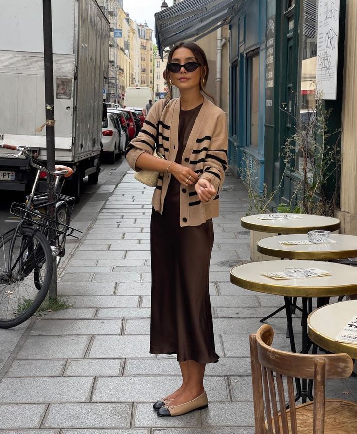 Beige Striped Cardigan Over a Brown Slip Dress Beige Striped Cardigan Over a Brown Slip Dress — Aesthetic Brown Cardigan Outfit