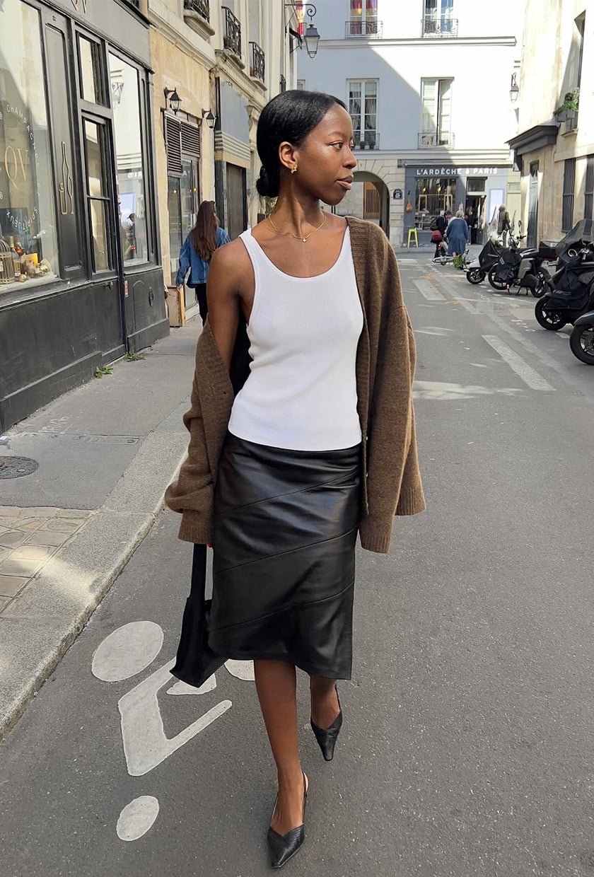 Brown Knit Cardigan with a Black Leather Midi Skirt Brown Knit Cardigan with a Black Leather Midi Skirt — Aesthetic Brown Cardigan Outfit