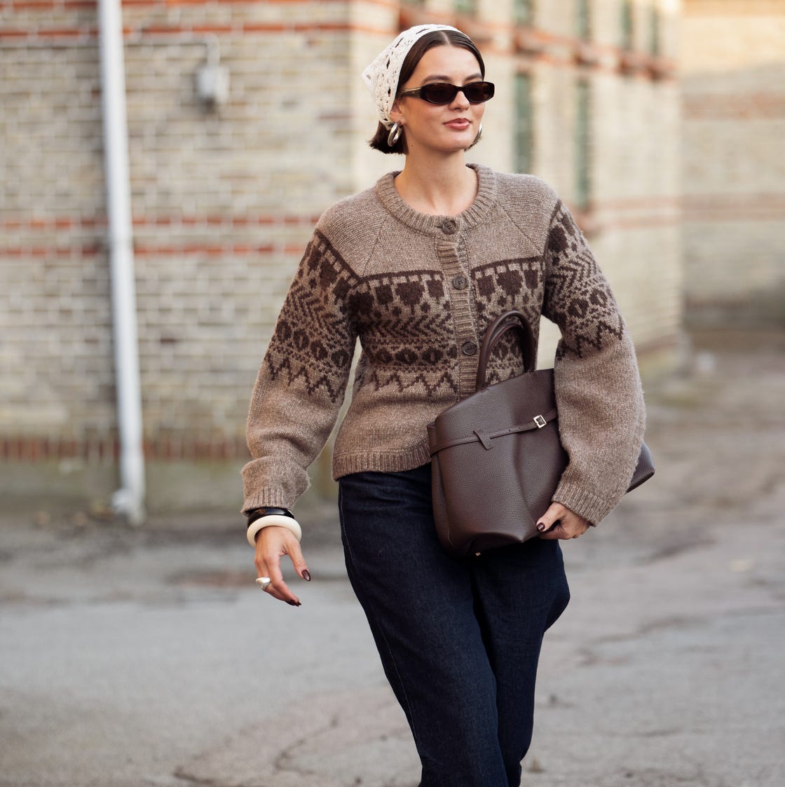 Fair Isle Knit Cardigan with Dark Wash Denim Fair Isle Knit Cardigan with Dark Wash Denim — Aesthetic Brown Cardigan Outfit
