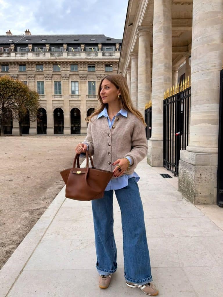 Beige Cardigan and Light Blue Collared Shirt with Wide Leg Jeans Beige Cardigan and Light Blue Collared Shirt with Wide Leg Jeans — Aesthetic Brown Cardigan Outfit