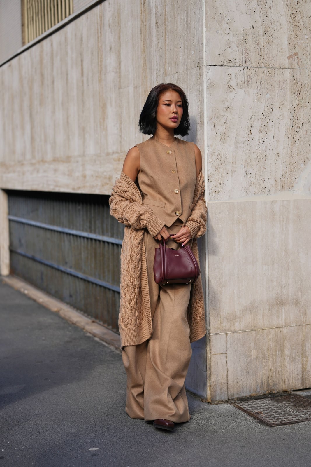 Beige Cable Knit Cardigan with Matching Vest and Trousers Beige Cable Knit Cardigan with Matching Vest and Trousers — Aesthetic Brown Cardigan Outfit