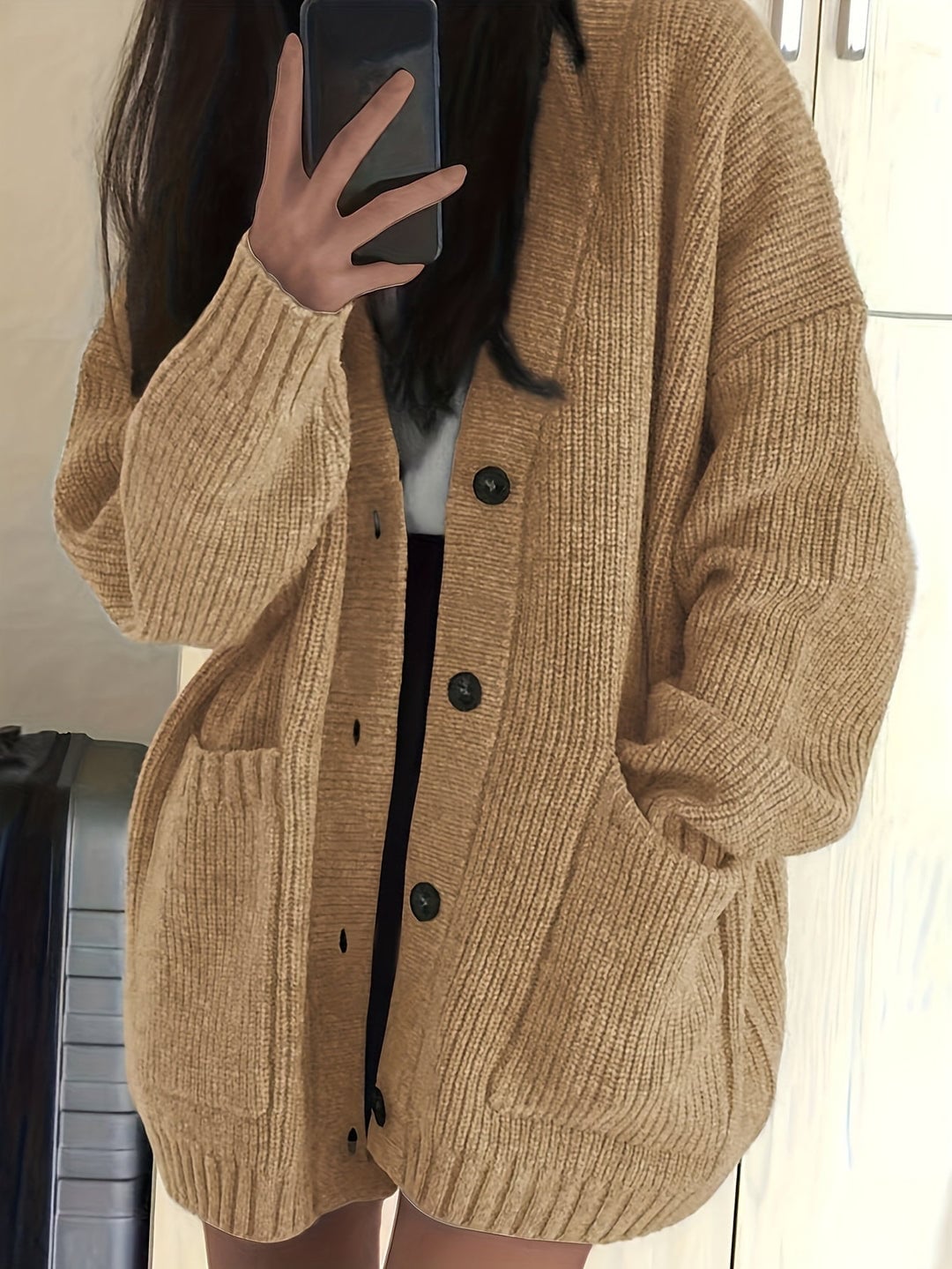 Relaxed Fit Beige Chunky Knit Cardigan with Dark Buttons Relaxed Fit Beige Chunky Knit Cardigan with Dark Buttons — Aesthetic Brown Cardigan Outfit