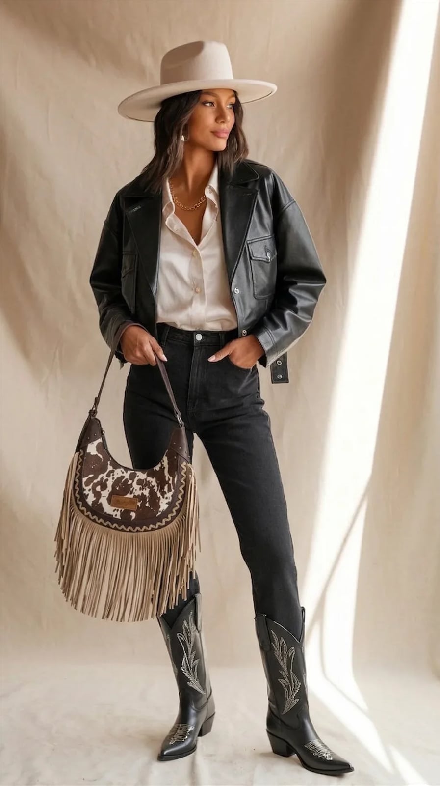 Black Leather Jacket With White Shirt And Embroidered Cowboy Boots — Aesthetic Cowgirl Boots Outfit