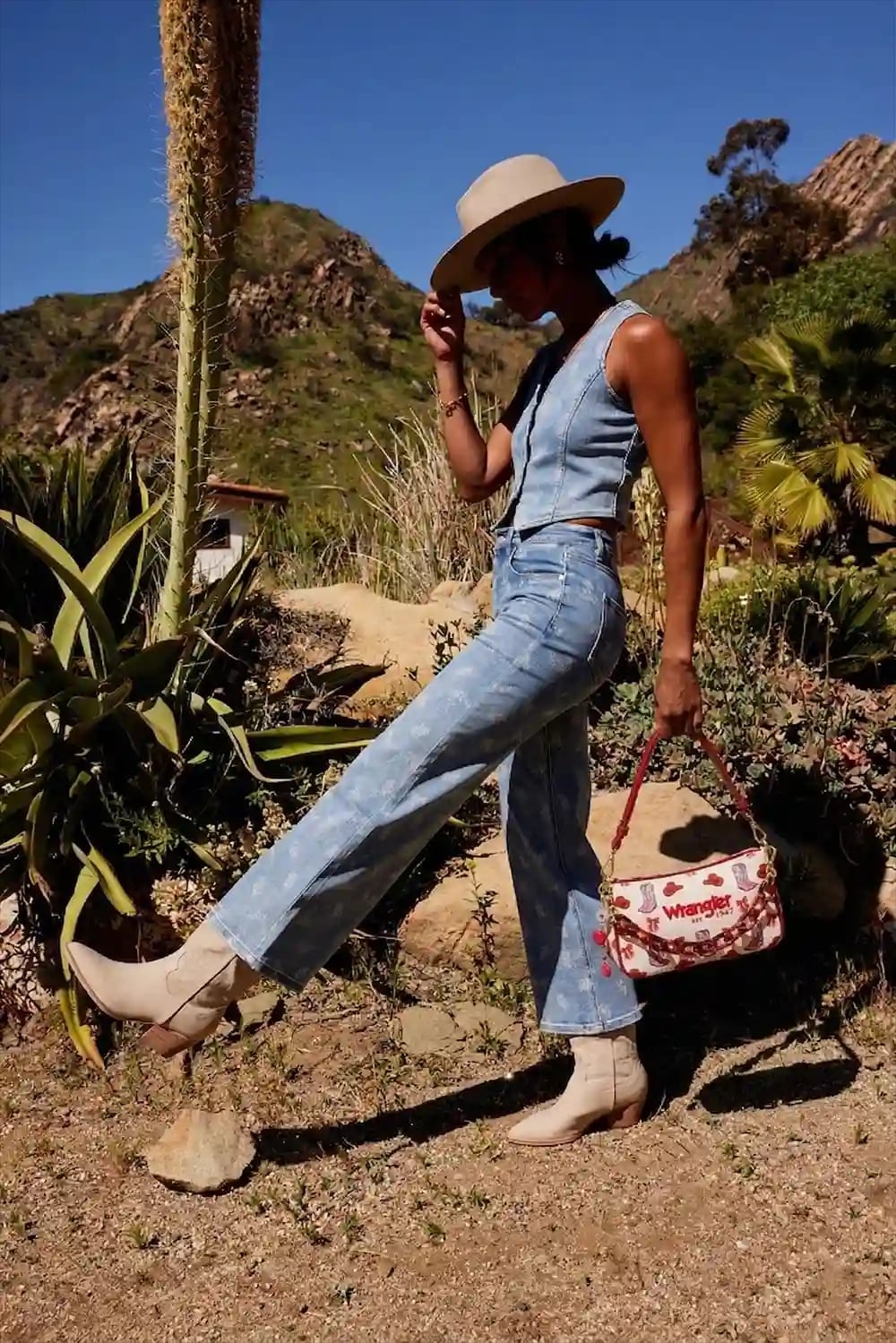 Denim Vest And Jeans With Light Beige Cowboy, Office-Safe Version — Aesthetic Cowgirl Boots Outfit
