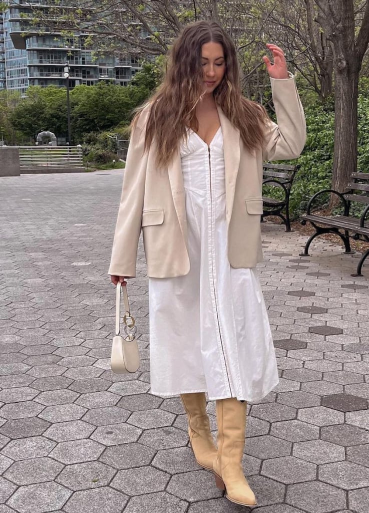 Beige Blazer Over White Midi Dress With Tan Cowboy Boots — Aesthetic Cowgirl Boots Outfit