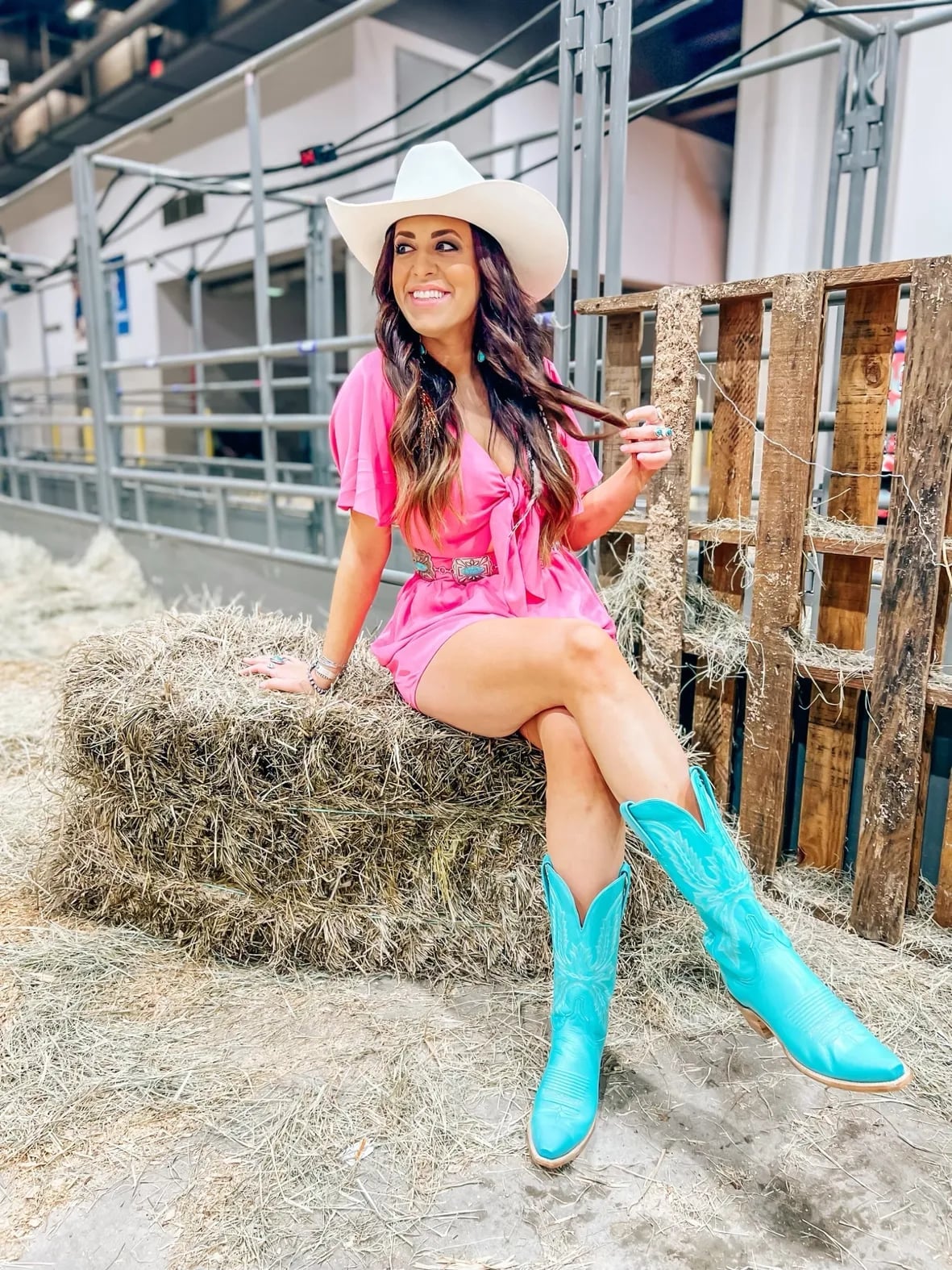 Pink Romper With Turquoise Cowboy Boots And Cowboy Hat — Aesthetic Cowgirl Boots Outfit