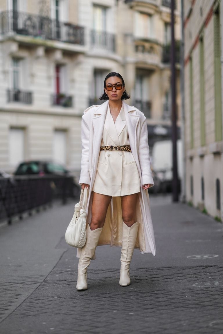 Cream Blazer Dress And Coat With Knee-High Cowboy Boots — Aesthetic Cowgirl Boots Outfit