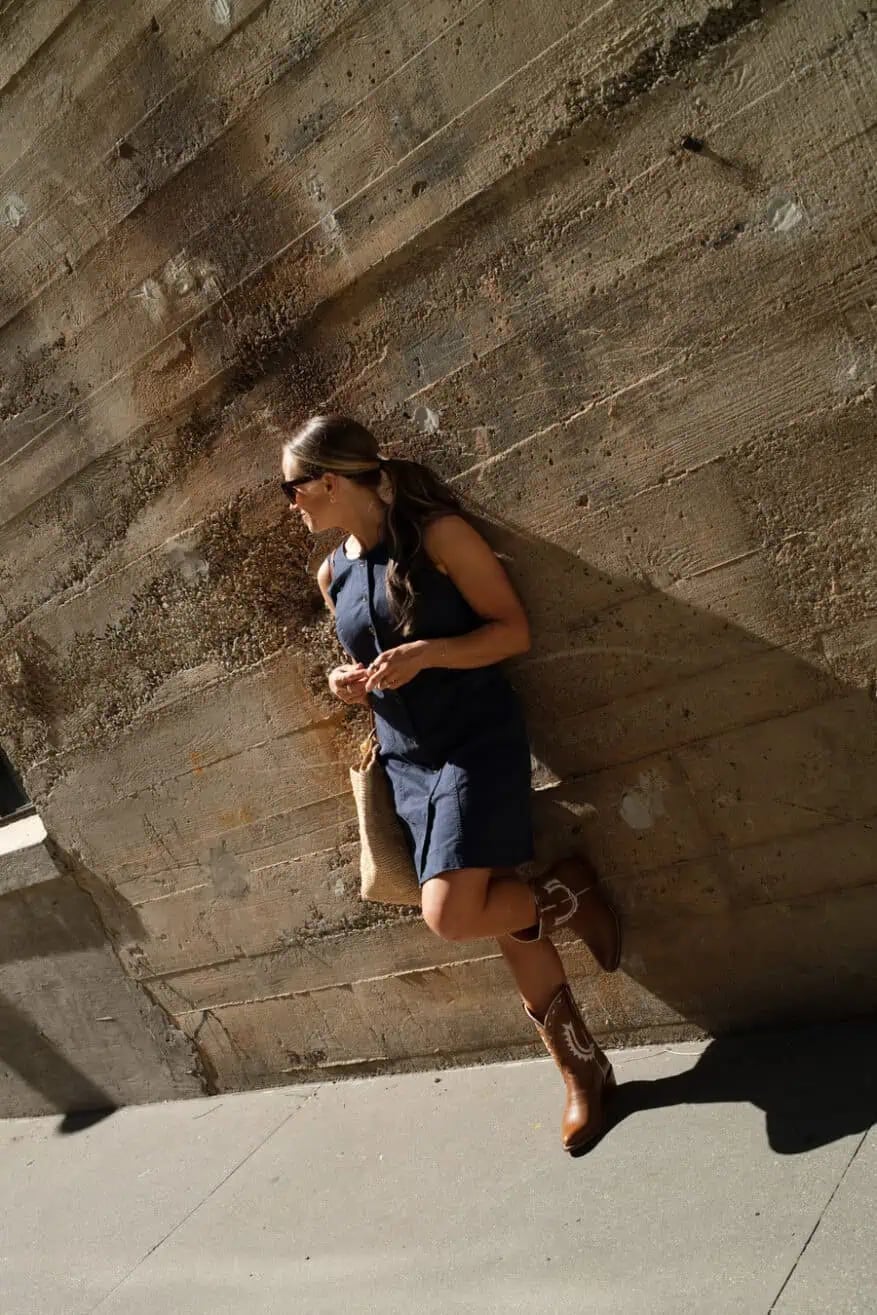 Navy Sleeveless Dress With Brown Cowgirl Boots — Aesthetic Cowgirl Boots Outfit