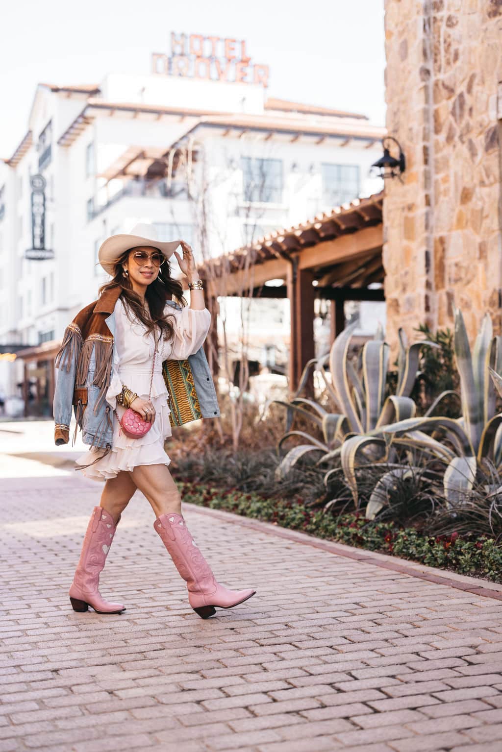White Mini Dress Fringe Denim Jacket With Pink Cowgirl Boots — Aesthetic Cowgirl Boots Outfit