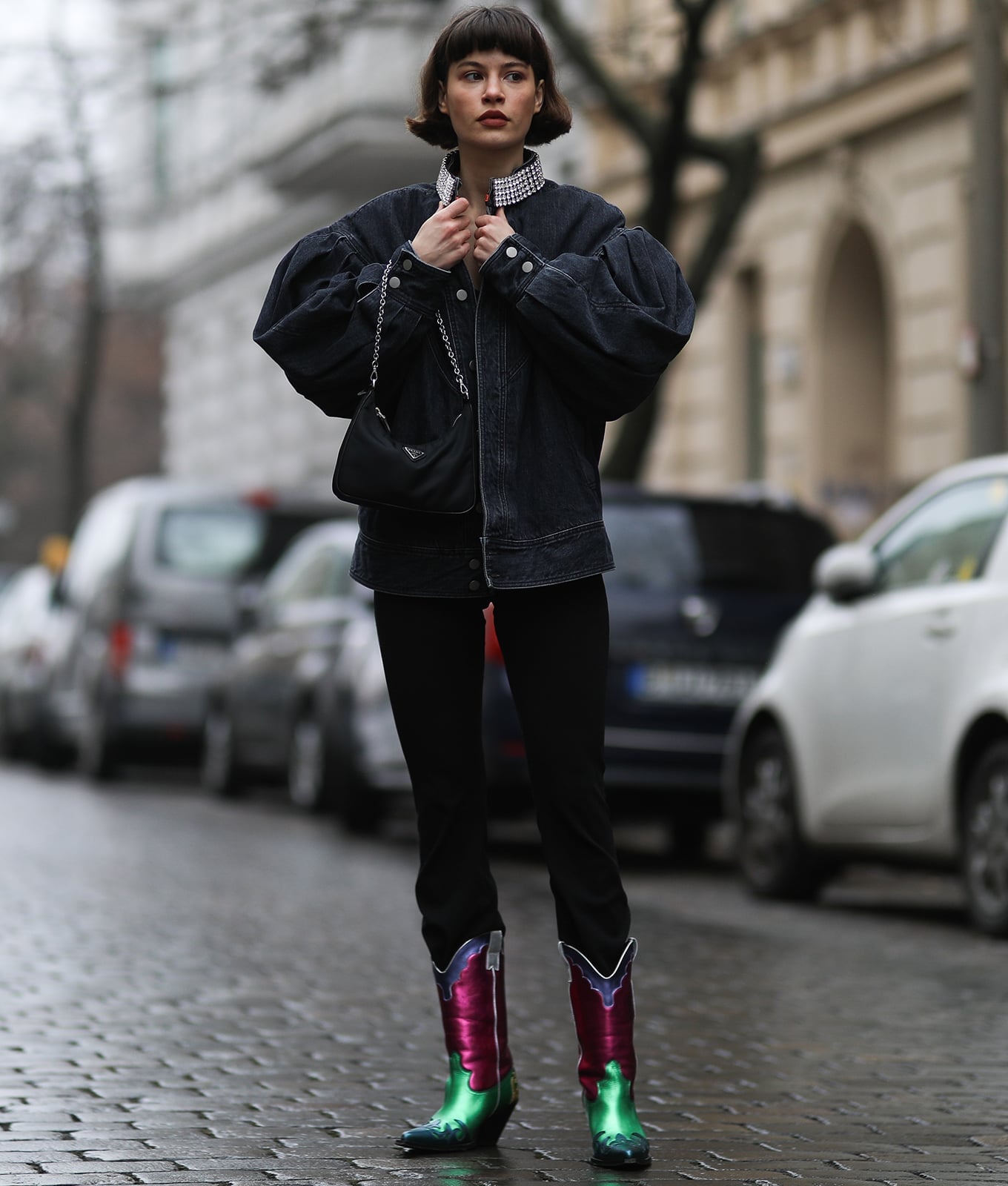 Denim Jacket With Slim Pants And Metallic Green Pink Cowboy Boots — Aesthetic Cowgirl Boots Outfit