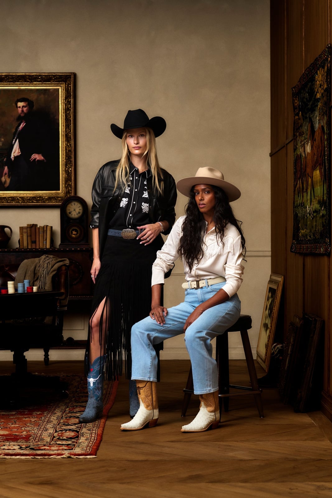 Black Leather Jacket With Fringe Skirt And Blue White Cowgirl Boots — Aesthetic Cowgirl Boots Outfit