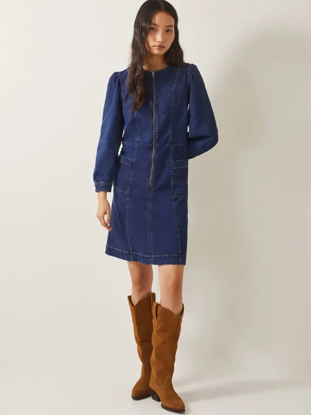 Denim Dress With Brown Suede Knee-High Boots — Aesthetic Cowgirl Boots Outfit