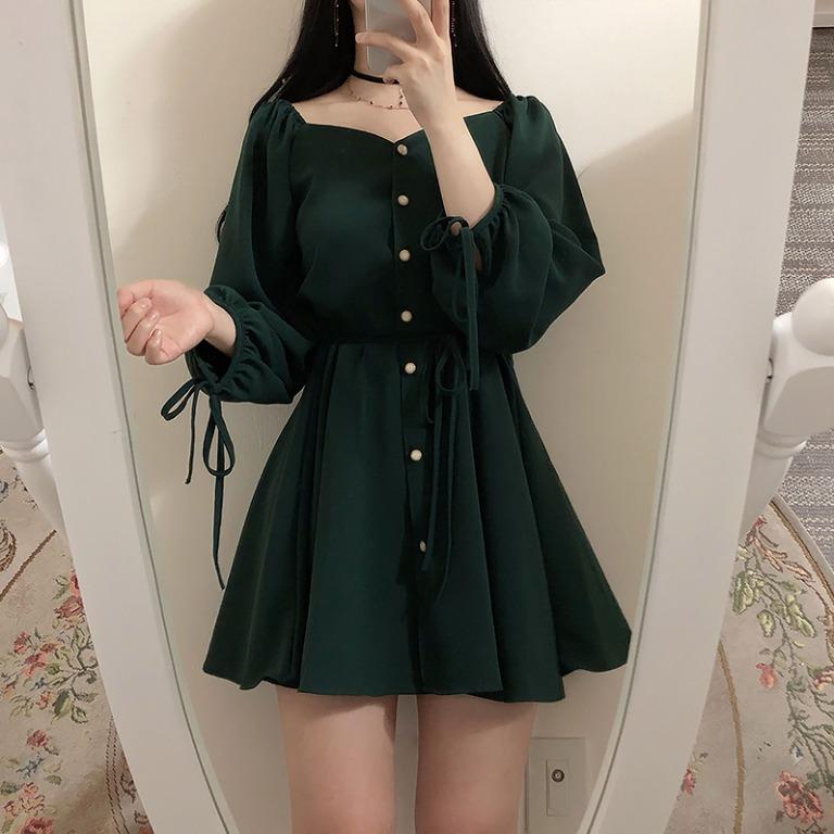 Deep Green Mini Dress with Puff Sleeves and Tie Waist Deep Green Mini Dress with Puff Sleeves and Tie Waist — Aesthetic Dark Green Dress