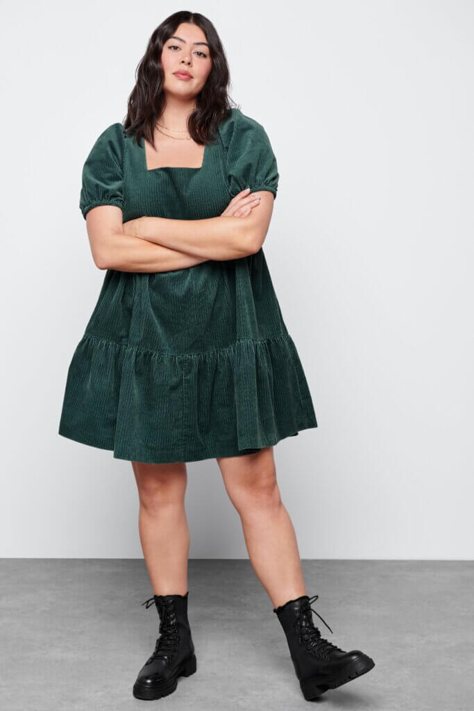 Dark Green Corduroy Babydoll Dress with Tiered Skirt Dark Green Corduroy Babydoll Dress with Tiered Skirt — Aesthetic Dark Green Dress