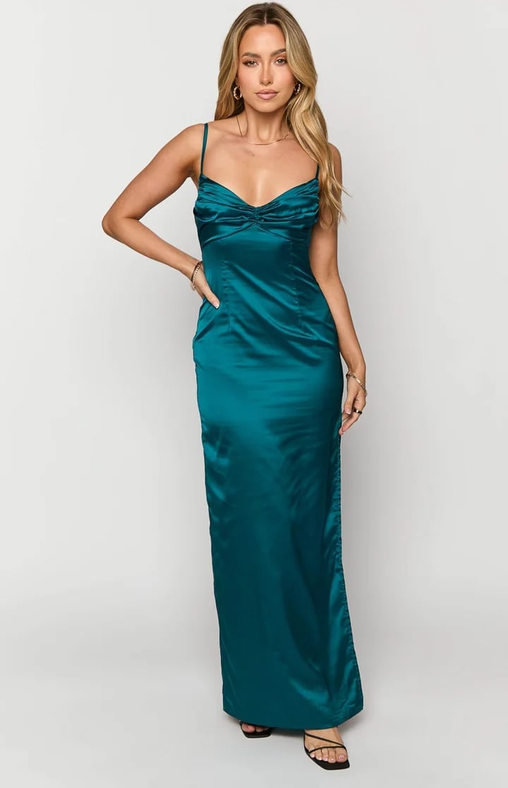 Teal Green Satin Maxi Slip Dress with Sweetheart Neckline Teal Green Satin Maxi Slip Dress with Sweetheart Neckline — Aesthetic Dark Green Dress
