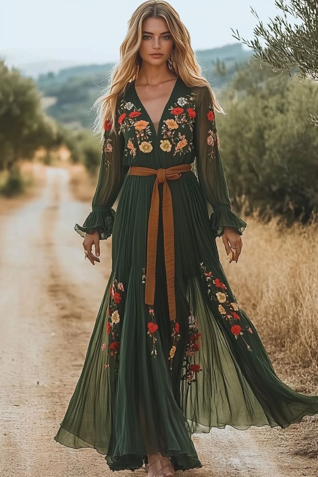 Dark Green Embroidered Chiffon A-line Dress Dark Green Embroidered Chiffon A-line Dress — Aesthetic Dark Green Dress