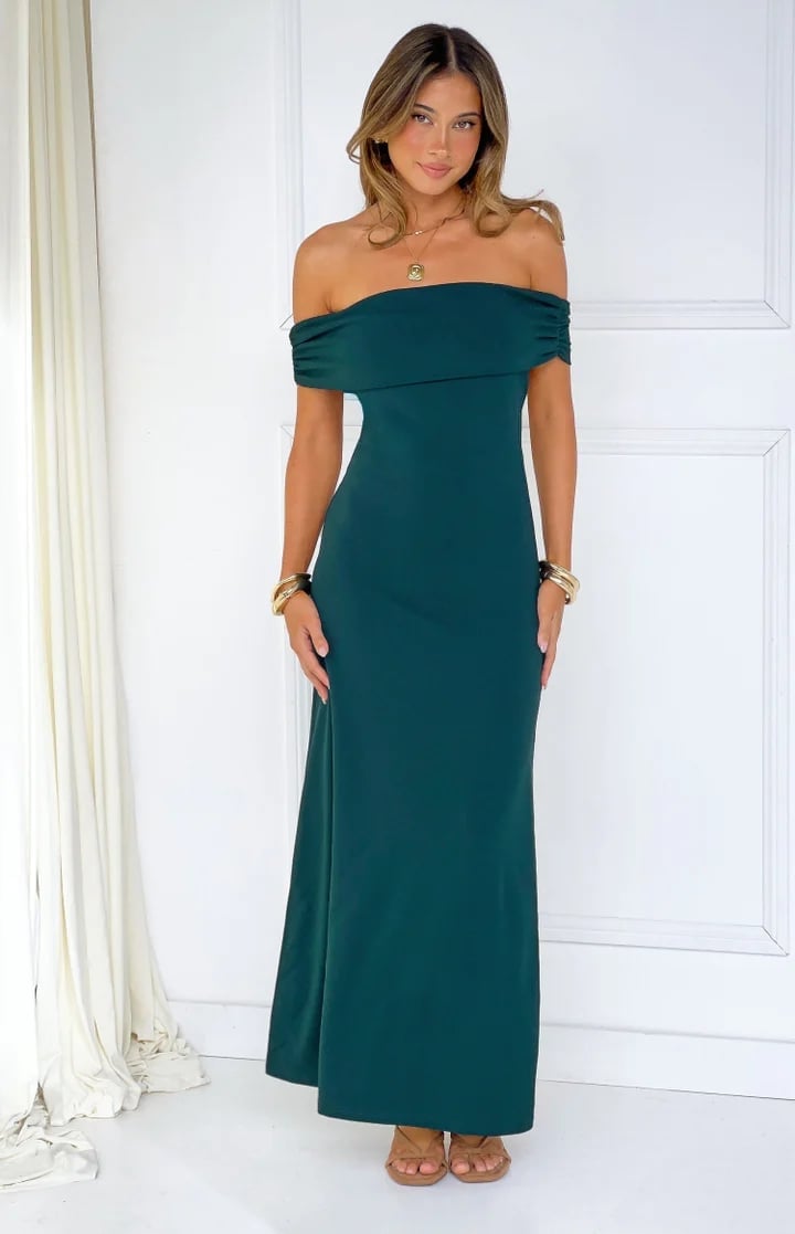 Dark Green Off-The-Shoulder Maxi Dress with Ruched Neckline Dark Green Off-The-Shoulder Maxi Dress with Ruched Neckline — Aesthetic Dark Green Dress