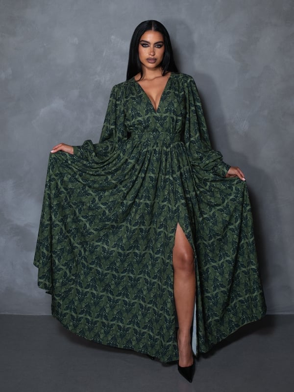 Dark Green Moth Print Maxi Dress with High Slit Dark Green Moth Print Maxi Dress with High Slit — Aesthetic Dark Green Dress