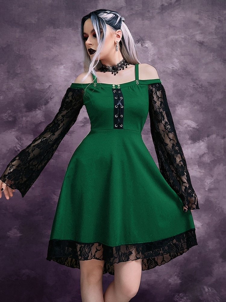 Dark Green Fit and Flare Dress with Lace Sleeves Dark Green Fit and Flare Dress with Lace Sleeves — Aesthetic Dark Green Dress