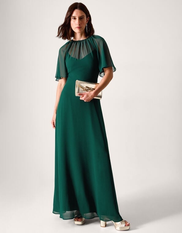 Emerald Green A-line Maxi Dress with Chiffon Cape Emerald Green A-line Maxi Dress with Chiffon Cape — Aesthetic Dark Green Dress