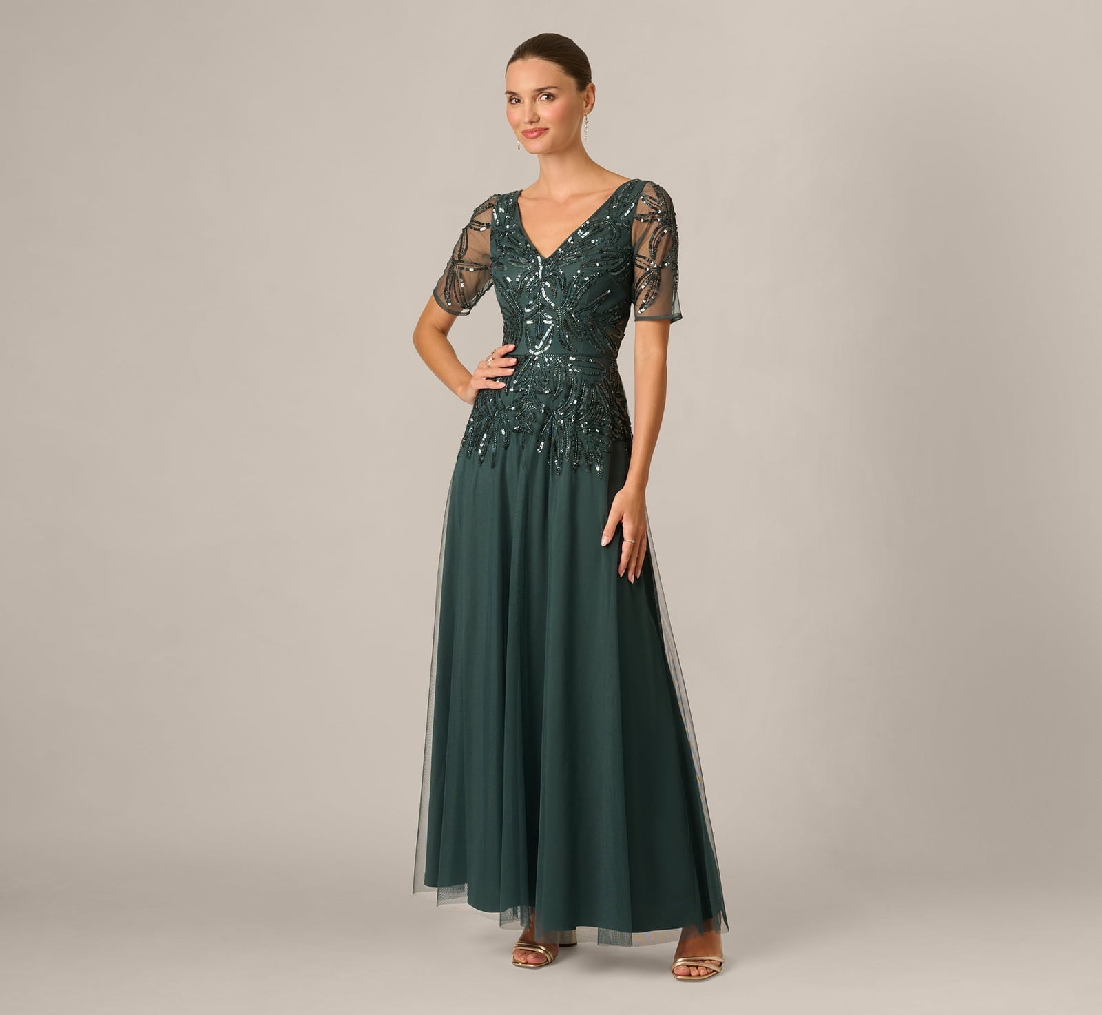 Dark Green Beaded A-line Dress with Tulle Skirt Dark Green Beaded A-line Dress with Tulle Skirt — Aesthetic Dark Green Dress