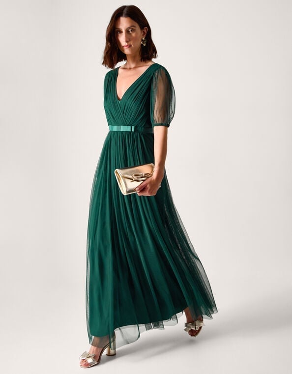 Dark Emerald Green A-line Maxi Dress with Sheer Sleeves Dark Emerald Green A-line Maxi Dress with Sheer Sleeves — Aesthetic Dark Green Dress